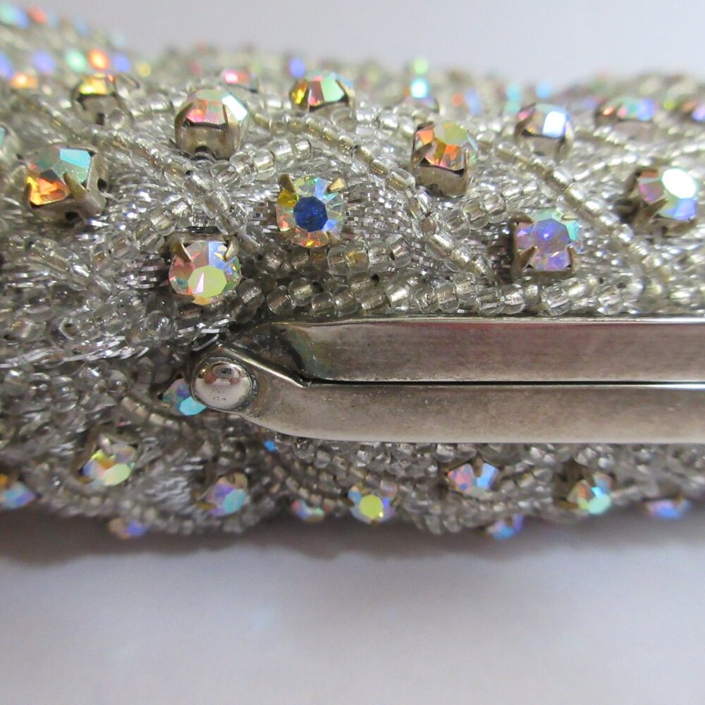 Silver Seed Bead AB Rhinestone Evening Bag Purse Metal Frame Kiss Lock Hong Kong - Picture 15 of 16